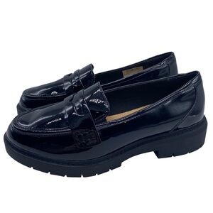 Clarks Womens Shoes Westlynn Ayla Penny Loafers Sz 6.5 WIDE Black Patent Chunky